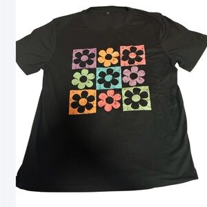 Black T-Shirt with Colorful Flower Squares